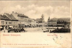 1899 (Vorläufer) Kolozsvár, Cluj; Fő tér egy része, villamos, Gergely Ferenc, Kiss Ernő, Medgyesy és Nyegrutz és Biasini Sándor üzlete, Európa Kávéház. Dunky fivérek fényképészek kiadása / main square, tram, shops, cafe