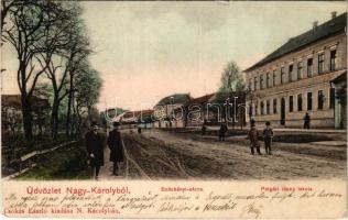 1905 Nagykároly, Carei; Széchenyi utca, Polgári leányiskola. Csókás László kiadása / street view, girls school (kis szakadás / small tear)