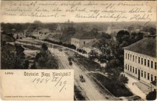 1904 Nagykároly, Carei; látkép, zsinagóga. Csókás László kiadása / general view with synagogue + &quot;KŐRÖSMEZŐ - BUDAPEST 299. SZ. B&quot; vasúti mozgóposta bélyegző (fl)