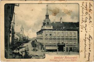 1901 Kolozsvár, Cluj; Központi szálloda, Medgyesy és Nyegrutz, Biasini Sándor üzlete, útépítés / hotel, shops, road construction (EK)