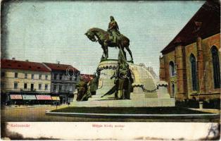 1907 Kolozsvár, Cluj; Mátyás király szobor, Fein F. üzlete. Lepage Lajos kiadása / statue, shops (Rb)