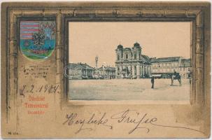 1904 Temesvár, Timisoara; Domtér, Szentháromság szobor, üzletek. Szecessziós címeres litho keret / Cathedral Square, Holy Trinity statue. Art Nouveau, litho frame with coat of arms (EK)