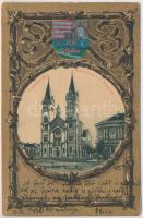 1902 Temesvár, Timisoara; Domtér, Gyárvárosi római katolikus templom. Szecessziós címeres litho keret / Catholic church. Art Nouveau, litho frame with coat of arms (EK)