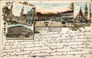 1899 (Vorläufer) Beszterce, Bistritz, Bistrita; Fő tér, üzletek, templom, Kórház utca, Vármegyeháza / main square, shops, church, Hospital Street, county hall. Kunstanstalt Rosenblatt Art Nouveau, floral, litho (EK)