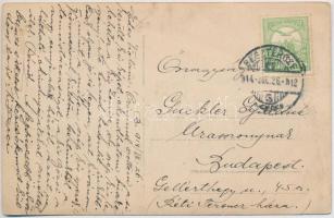 1914 Beszterce, Bistritz, Bistrita; Teniszpálya, teniszezők csoportképe, Evangélikus templom a hátté...