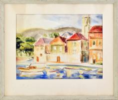 Jelzés nélkül: Vízparti város. Akvarell, papír. Fakeretben. 34x46 cm.