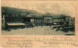 1898 (Vorläufer) Kolozsvár, Cluj; Fő tér, Bánffy palota, piac, Erdélyi Bank, Kováts P. fiai és Böckel üzlete. Ferencz és Társa kiadása / main square, palace, market, bank, shops (EB)