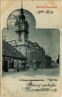 1900 Kolozsvár, Cluj; Kül. Magyar utca este, Teológiai épület, Jakner József cipész üzlete / street at night, shop, theological building