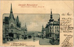 1901 Kolozsvár, Cluj; Hídfő részlet, Ferenc József út, Phönix biztosító, városi vasút, kisvasút, vonat / street, insurance company, urban railway, train (EK)