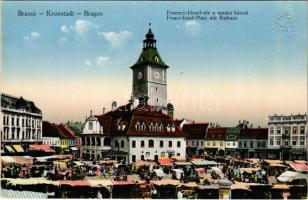Brassó, Kronstadt, Brasov; Ferenc József tér, Tanácsház, piac / market, town hall (fl)