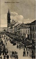 Beszterce, Bistritz, Bistrita; Fő utca, felvonulás, ünnepség, F. Potoszman üzlete / parade on the main street, shop (Rb)