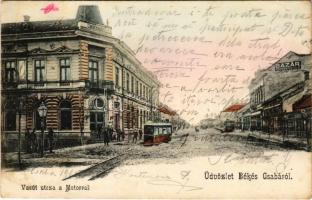 1905 Békéscsaba, Vasút utca a motorral, városi vasút, kisvasút, vonat, Petrányi Gyula bazára, szálloda és kávéház (fl)