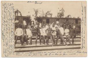 1903 Bucharest, Bukarest, Bucuresti, Bucuresci; Gara / railway station, soldiers. photo (EK)