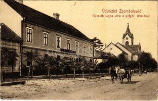 Zsombolya, Hatzfeld, Jimbolia; Kossuth Lajos utca, Polgári iskola. W.L. Bp. 1993. Dörfler Victor kiadása / street view, school (EK)