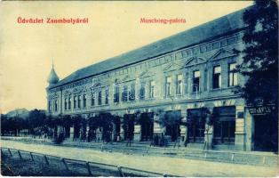 Zsombolya, Hatzfeld, Jimbolia; Muschong palota, Ifj. Keks kárpitos üzlete. W.L. 427. / palace, shops (EB)