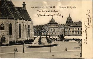 1904 Kolozsvár, Cluj; Mátyás király tér és szobor, Státus paloták / square, monument, statue, palaces (EK)