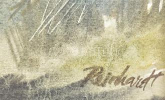 Reinhardt István (1936- ): Faluszéli házak. Akvarell, papír, jelzett. 32,5×44,5 cm. Üvegezett fakere...