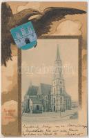 1912 Kolozsvár, Cluj; Főtéri templom, városi vasút, kisvasút, vonat. Szecessziós címeres litho keret / church, urban railway, train. Art Nouveau, litho frame with coat of arms (EB)