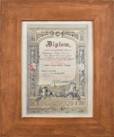 1886 Mesterlevél könyvkötő részére, dekoratív ornamentikával és címerrel díszített, Landshut Bajorország. Litográfia, papír. 43×27 cm. Üvegezett fakeretben. / Niederbayern, Landshut, Lehrlingsdiplom, Binder, Litografie.