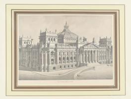 Rehlender, Georg (1845-): A berlini Reichstag épülete, 1880-90 körül. Rotációs fametszet, papír, paszpartuban. 19,5×27,5 cm.