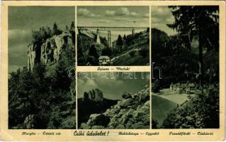 1942 Csík, Ciuc; Csíki üdvözlet! Hargita csicsói vár, gyimesi viadukt, Balánbánya Egyeskő, Tusnádfürdő Csukás-tó / castle, vidauct, lake (EK)