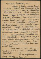 1943 Nagybánya, Pirk János (1903-1989) festőművész saját kézzel írt sorai Szolnay Sándor (1893-1950) festőművész részére, benne kiállításokra vonatkozó sorokkal, saját kezű aláírásával.