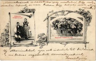1910 Kapuvár, Kapuvári földmíves pár és ház, magyar folklór. Art Nouveau, floral (EK)