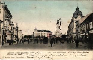 1905 Nagykanizsa, Fő tér a felső templommal, üzletek, gyógyszertár. Ifj. Wajdits József kiadása (EK)