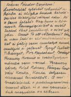 cca 1925 Kmetty János (1889-1975) festőművész saját kézzel írt sorai Szolnay Sándor (1893-1950) festőművész részére: (...) "Ki a fene felelős (Zsögödi) Nagy Imre és Aba Novák demagógiáiért és miért tartod őket festőknek a nívósíkján. Amit te ott véletlenül látsz az nem fedi az előművészetünket és félig sem mutatja annak multját és jelenét. Egryt, Czóbelt, Tihanyit, Pór Bertalant, Berényt, Ferenczy Noémit és csekélységem számba sem veszed. Ferenczy Károly, Ripl Rónay (sic!), Fényes, Csontvári Koszka (sic!), Koszta teljesen kimarad a leveledből. A mi tradiciónknak a posztimpresszionizmussal éltek és a mi generációnk magyarázata az extrem művészetek utjait. (...)" Saját kezű aláírásával, két lapon kis szakadással, 6 beírt oldal (3 sztl. lev.). Érdekes művészettörténeti forrás, amelyben Kmetty véleményt formál a modern magyar képzőműművészet meghatározó alakjairól, mint Rippl-Rónai József, Ferenczy Károly, Csontváry-Kosztka Tivadar, Egry József, Tihanyi Lajos stb.