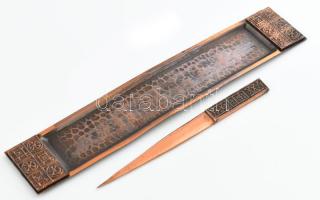 Iparművész vörösréz levélbontó készlet (kés, tálca), h: 19 - 31 cm