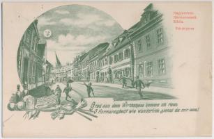 1915 Nagyszeben, Hermannstadt, Sibiu; Reispergasse. Grad aus dem Wirthshaus komme ich raus O Hermannstadt wie wunderlich siehst du mir aus! / Humoros szecessziós művészlap részeg férfiakkal / Art Nouveau humour with drunk men