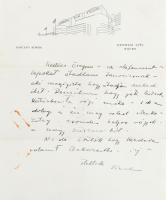 cca 1940 Vincent Korda (1897-1979) díszlettervező saját kézzel írt sorai Szolnay Sándor (1893-1950) festőművész részére, London Film Studios fejléces papírján, saját kezű aláírásával. ,,Az elefántcsont lapokat átadtam Janovicsnak (Janovics Jenő (1872-1945) színész, színigazgató, forgatókönyvíró), aki megígérte, hogy átadja neked őket. Remélem hogy jók lesznek. Különben itt a régi móka - sok a dolog és én meg veled ellenkezőleg - csöndes helyre vágyok a nagy zűrzavarból. No de örülök hogy kezdesz valamit Bukarestbe. Írj! Ölellek Vince.