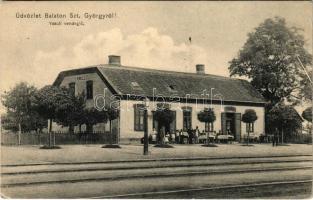 1909 Balatonszentgyörgy, Vasúti vendéglő, vasútállomás, vasutasok. Neumark Adolf kiadása (EK)