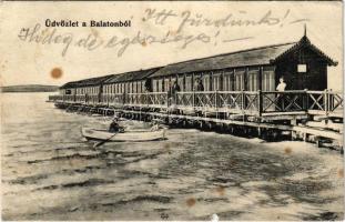 1907 Balatonaliga (Balatonvilágos), Fürdőház, csónak Aliga felirattal (b)