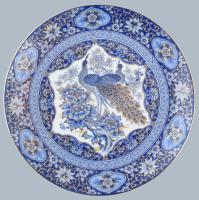 Japán Eiwa Kinsei pávás tányér, porcelán, jelzett, hibátlan, d: 26 cm