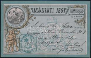 1878 Vadászati jegy Hódmezővásárhelyen kiállítva, Ábrai Károly (1830-1912), Hódmezővásárhely polgármestere autográf aláírásával. 6 Ft értékjeggyel. Hajtásnyommal, de egyébként jó állapotban. / Hunting card
