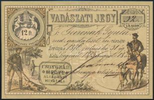 1875 Szegvár, vadászati jegy, Csongrád megyei alpispán aláírásával, 12 Ft értékjeggyel, Jurenák Gyula uradalmi gazdatiszt részére. Hajtásnyommal, de egyébként jó állapotban. / Hunting card