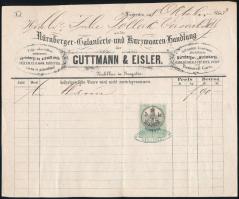 1873 Szeged, Guttman & Eisler nürnbergi-díszműárúk - és rövidárúk kereskedésének fejléces számlája, 5 kr. okmánybélyeggel, pecséttel.