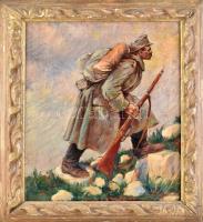 Lestyán jelzéssel: I. világháborús katona portréja, 1916. Olaj, vászon. Korabeli, kissé sérült fakeretben. 65x50 cm