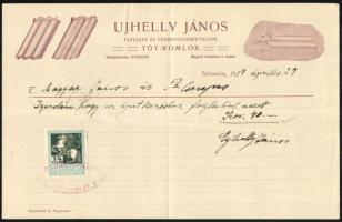 1914 Tót-Komlós, Ujhelly János Fatelepe és Czementcserép-Telepének fejléce számlája, 14 filléres okmánybélyeggel, Ujhelly János aláírásával.