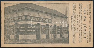 cca 1910 Szeged, Lucza József Géperőre Berendezett Vegytisztító Kelmefestő és Ágytoll-tisztító Ipartelepének számolócédulája, rajta üzlet képével, kis szakadással.