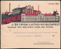 1928 Zwack J. és Társai Likőrgyár Budapest díszes borítékja, rajta a soroksári út gyár képével