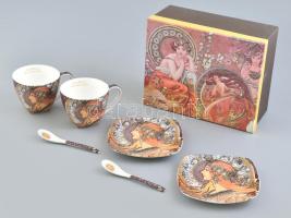 Mucha Collection porcelán reggeliző készlet, két személyes, matricás, jelzett, hibátlan, eredeti dobozában