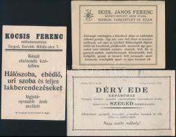 cca 1910 Vegyes reklám tétel, 3 db: Szeged, Kocsis Ferenc Műbutorasztalos, Szeged, Déry Ede Gépárúház, Sopron, Seidl János Ferenc (magyar-német), reklám nyomtatványai, 10x17 cm és 11x14 cm közötti méretben