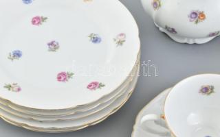 Thomas Bavaria porcelán teás készlet, kanna teteje javított + 5 db süteményes tányér, matricás, jelz...