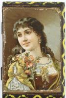 Népies ládika. Litho képpel. Festett fa, kopott 13x9x9 cm