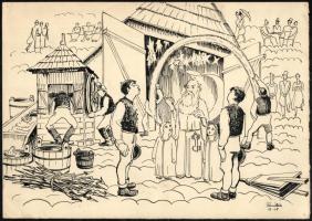 Pánczél Béla (1900-1966), össz. 4 db rajz: 2 db vitéz Háry János illusztráció és 2 db székelyföldi jelenet. Ceruza, tus, papír, Háry János illusztrációk jelzés nélkül, többi jelzett. 21,5x30,5 cm