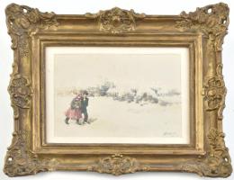 Szabó László (1895-?): Téli tájban. Akvarell, papír, jelzett, üvegezett keretben 20x13 cm