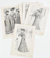cca 1905-1908 össz. 4 lap női divatképekkel divatlapokból, részben ceruzás jelölésekkel és feliratokkal, részben sérült, 38x27 és 42x29 cm közötti méretekben