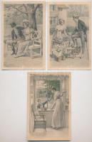 3 db RÉGI romantikus motívum képeslap vegyes minőségben: szerelmes párok / 3 pre-1945 romantic art motive postcards in mixed quality: couple in love